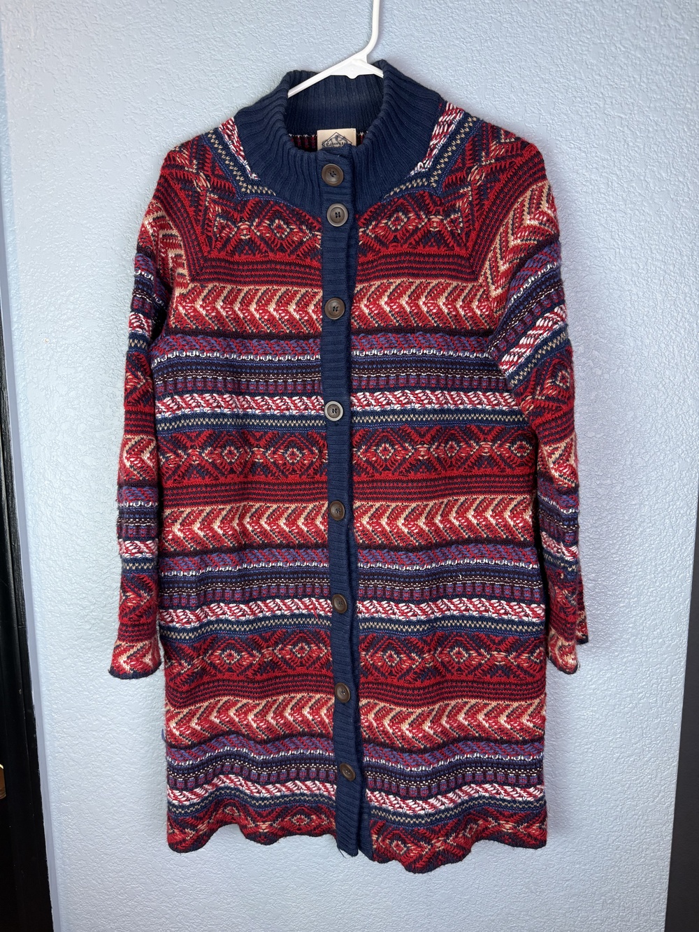 St Johns Bay Sweater Womens Medium Button Front Knit Cardigan Aztec Pattern Long
